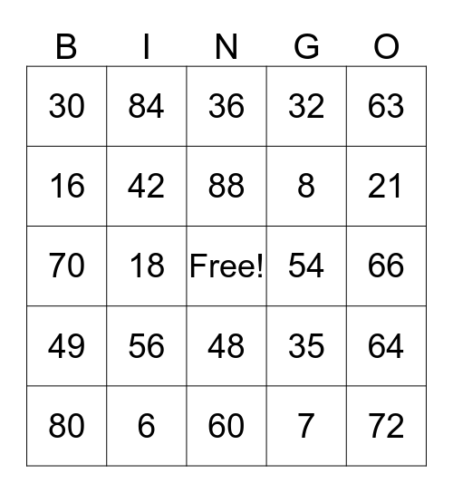 Multiplication Facts 6 - 8s Bingo Card