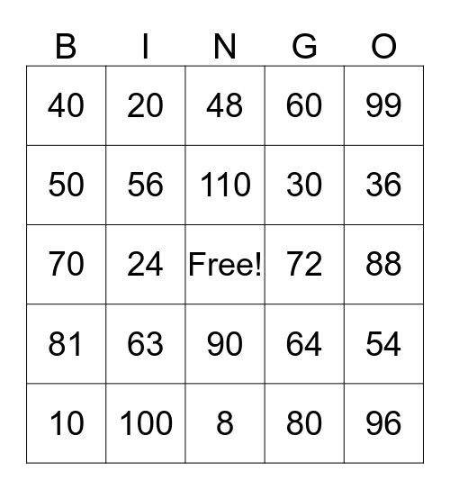 Multiplication Facts 8 - 10s Bingo Card