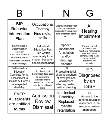 SPED Acronym Bingo Card