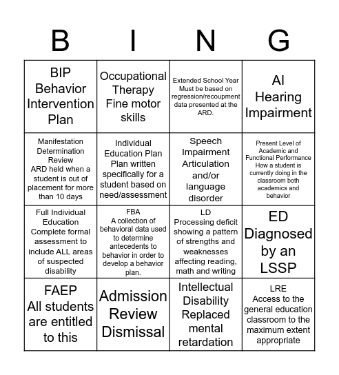 SPED Acronym Bingo Card