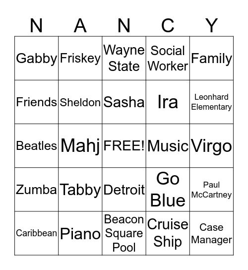 Fancy Nancy Bingo Card