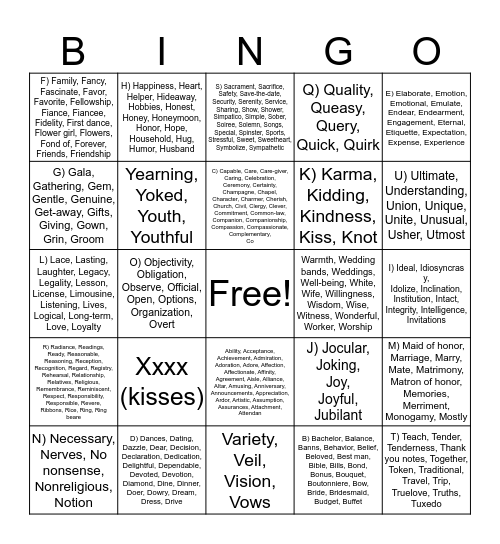 Wedding shower bingo Card