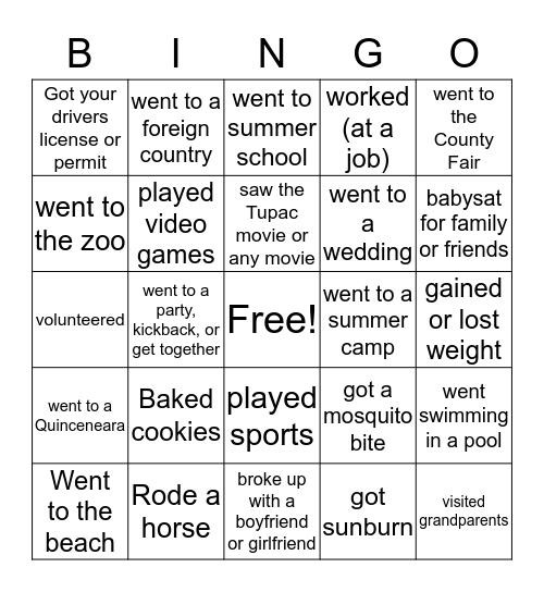 Summer Vakay Bingo Card