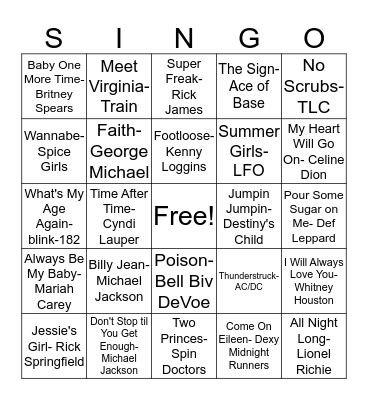80s/90s Name That Tune Bingo Card