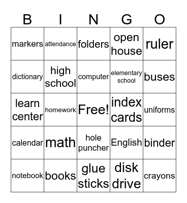 Back to School Bingo Card