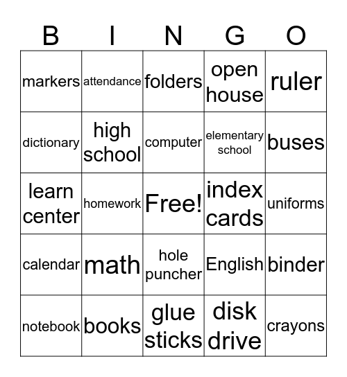 Back to School Bingo Card