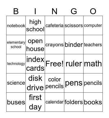 Back to School Bingo Card