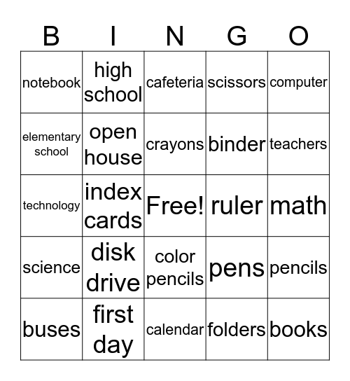 Back to School Bingo Card