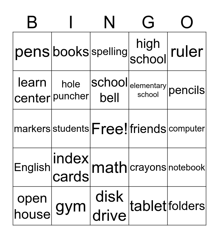 Back to School Bingo Card