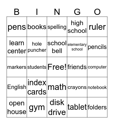 Back to School Bingo Card