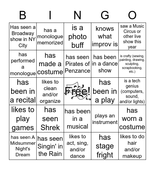 Theatre Arts Bingo Card