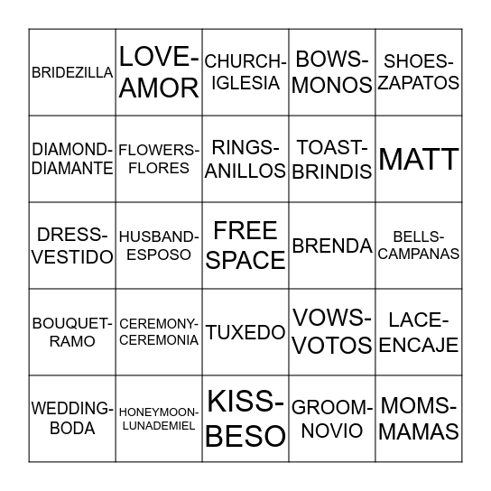 BRENDA'S BRIDAL SHOWER 8-10-13 Bingo Card