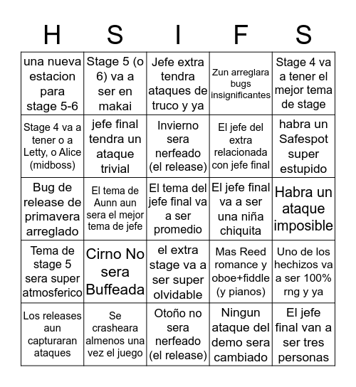 HSIFS Bingo Card