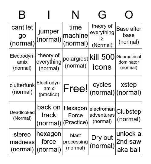 Geometry dash Bingo Card