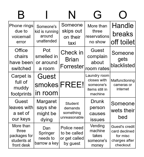 Guest Lodge Bingo Card