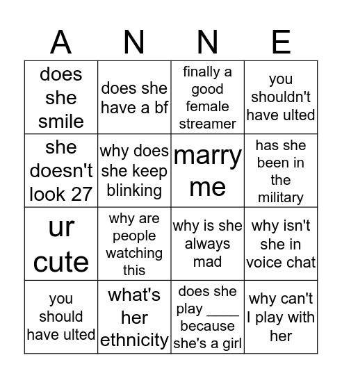 Anne Munition Bingo Card