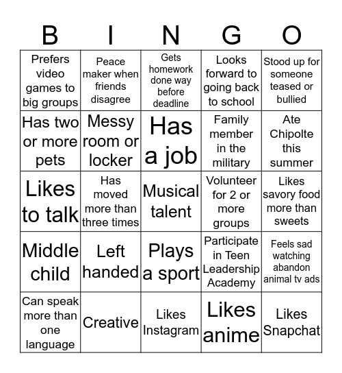 Teen Leadership Academy Bingo Card