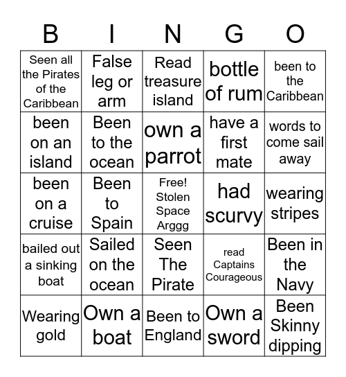 Pirate Bingo Card