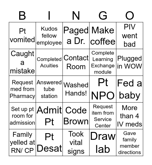 Nursing Bingo Card