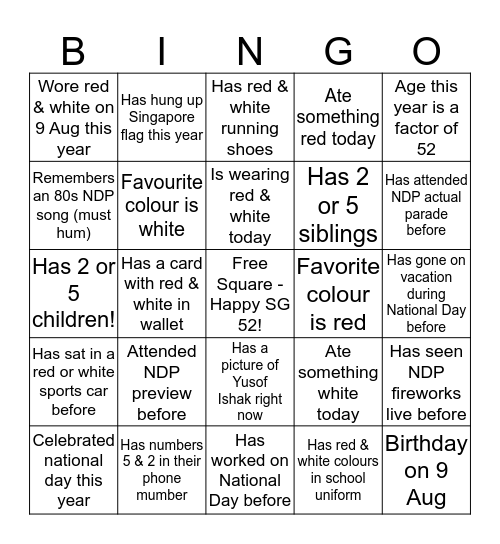 SG52 Bingo!  Bingo Card