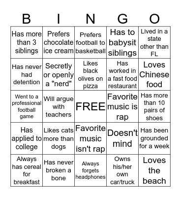 LHS Back to School Bingo Card