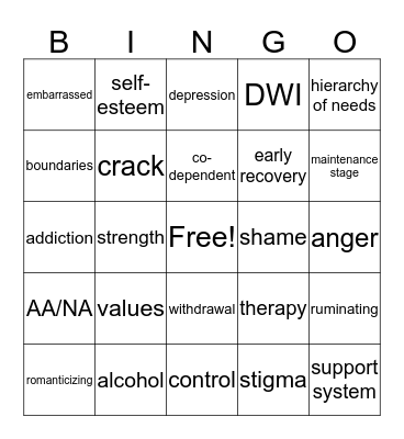 Substance Use Bingo Card