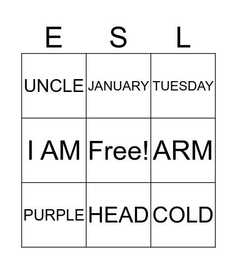 ESL Bingo Card