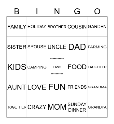 Our CraZY FaMILy  Bingo Card