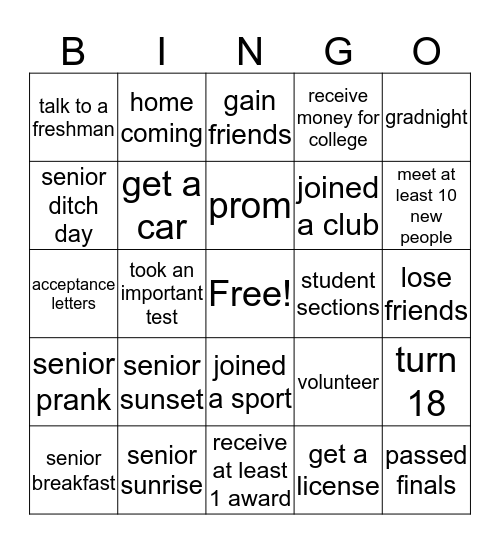 Senior Year Bingo Card