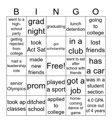 senior experience   Bingo Card