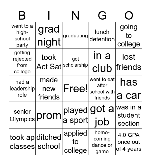 senior experience   Bingo Card