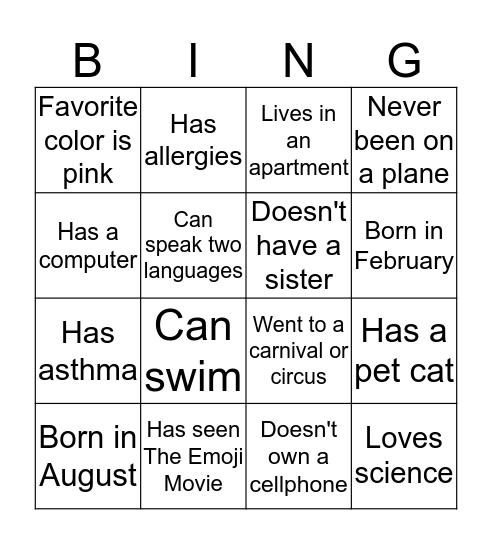 Back 2 School BINGO Card