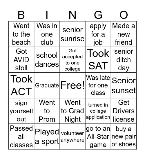 Class Of 2018 Bingo Card