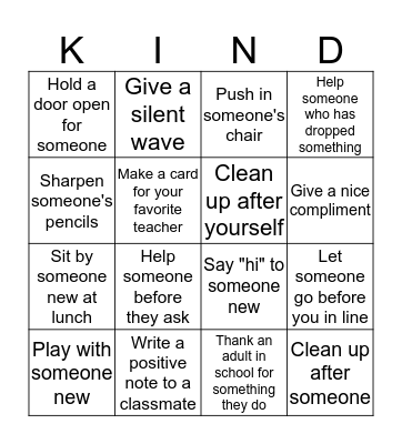 Random Acts of Kindness Board Bingo Card