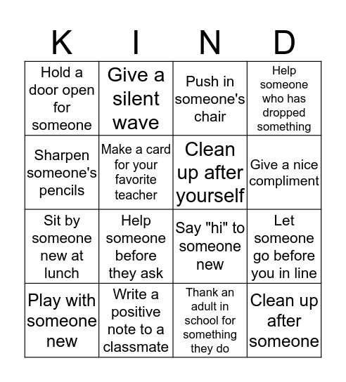 Random Acts of Kindness Board Bingo Card