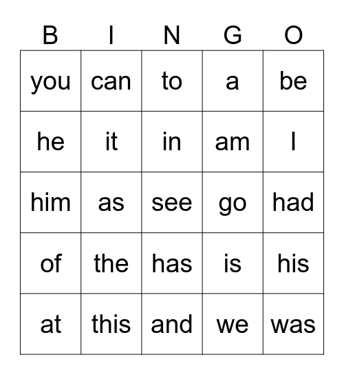 K Readiness Words Set 1 Bingo Card