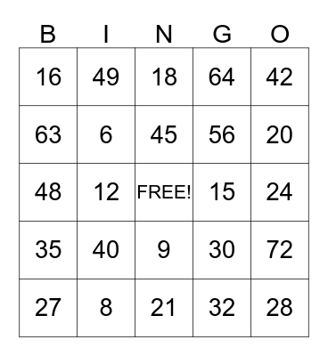 Multiplication Bingo Card