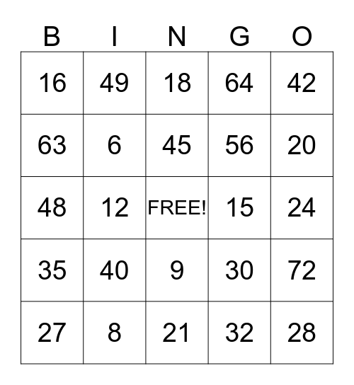 Multiplication Bingo Card