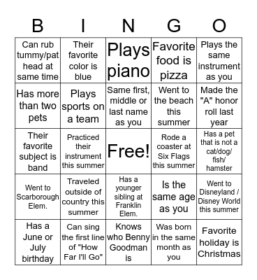 Summer Band Meet 'N' Greet Bingo Card