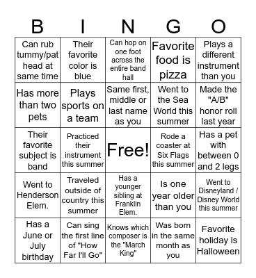 Summer Band Meet 'N' Greet Bingo Card