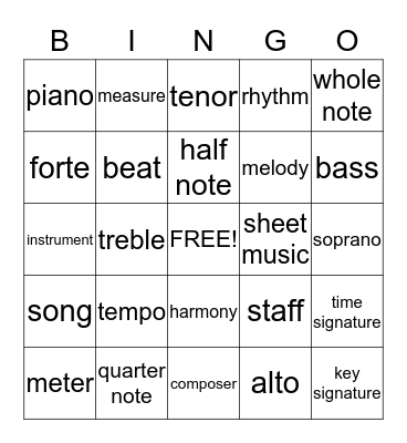 Musical Bingo Card