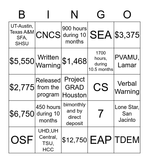 Project GRAD Houston AmeriCorps Texas Bingo Card