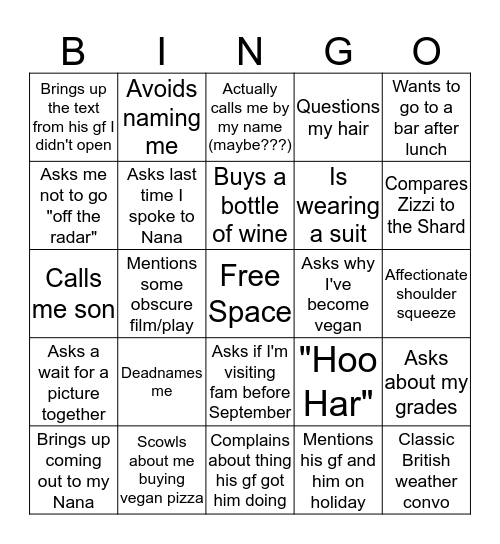 Lunch With Dad Bingo Card