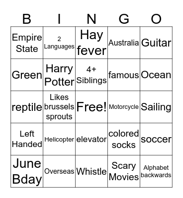 Scavenger Hunt Bingo Card