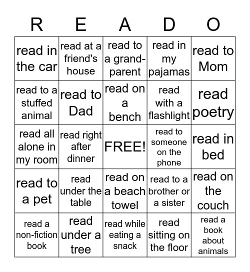 READING LOG BINGO!  Directions: Each box is 15 minutes of reading.  Get 5 in a row.  Take photos to enter a drawing for a prize.  Turn this log in next Monday with your parent's signature. Bingo Card