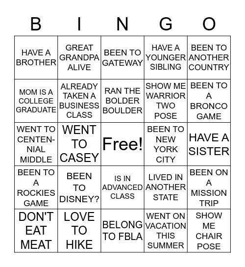 FUN STUFF TO KNOW ABOUT PEOPLE Bingo Card