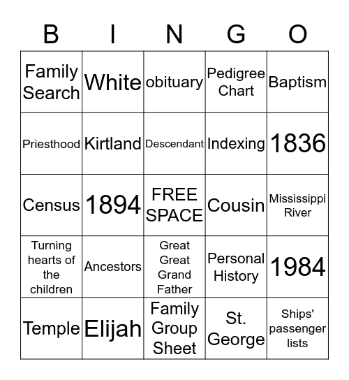 Genealogy and Temple Work Bingo Card