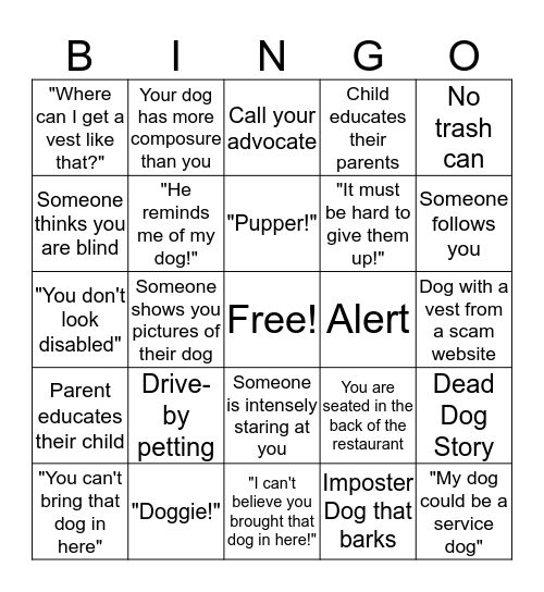 Service Dog Bingo Card