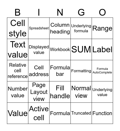 Excel Chapter 1 Key Terms Bingo Card