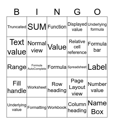 Excel Chapter 1 Key Terms Bingo-1 Bingo Card